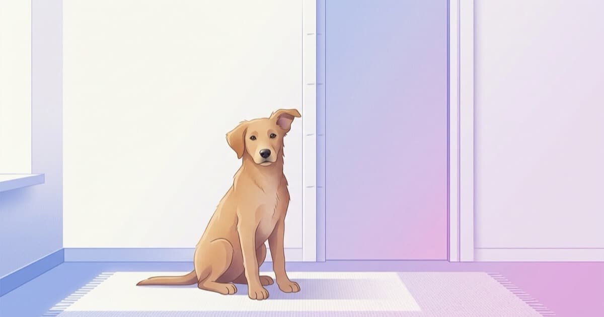 A young dog sits calmly by a doorway, illustrating whether dogs grow out of separation anxiety