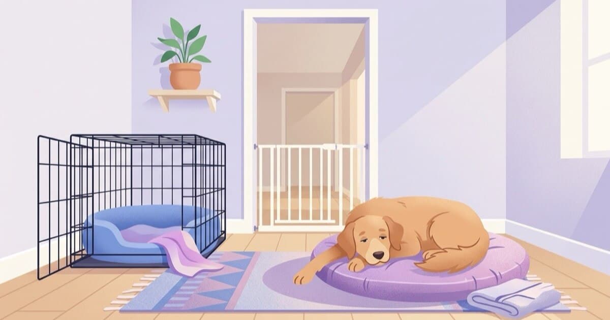 A dog rests on a cushion beside an open wire crate, with a baby gate in the doorway behind