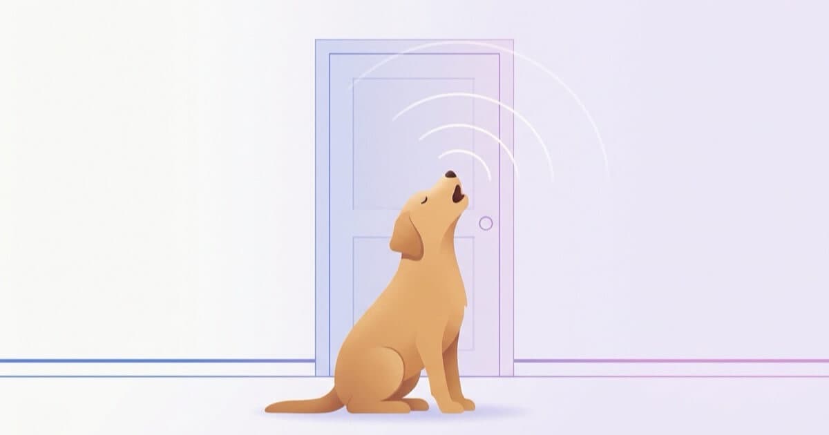A dog howls gently at a closed front door as soft sound waves fade into quiet