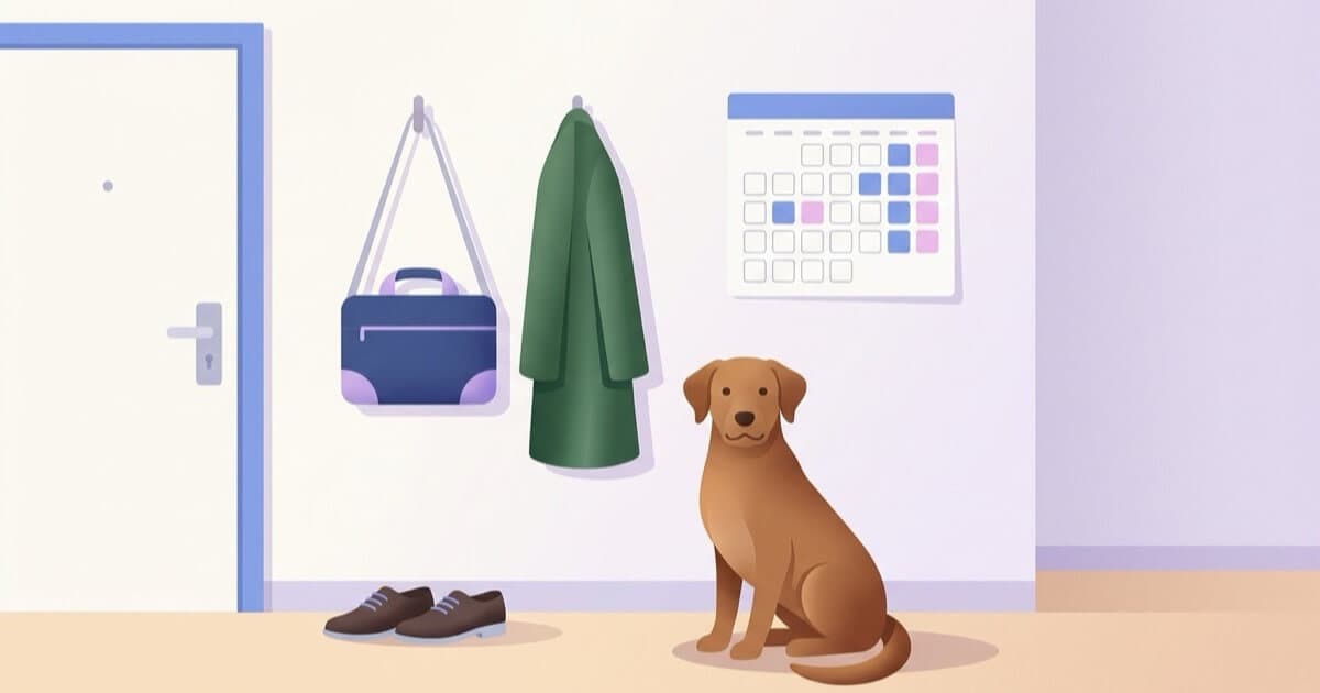 A calm dog sits by the front door next to a work bag, coat and wall calendar