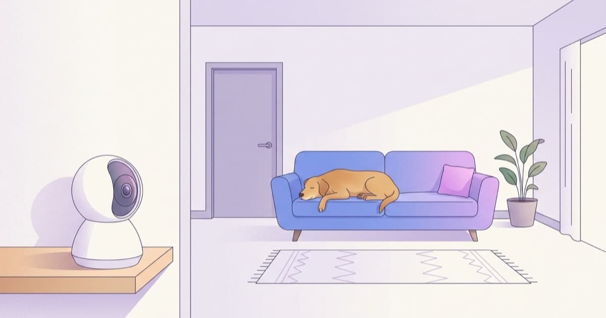 A home camera on a shelf watches a dog resting on the sofa in an empty living room