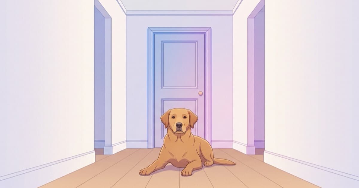 A dog lies calmly in front of a closed door, waiting for its owner to come home
