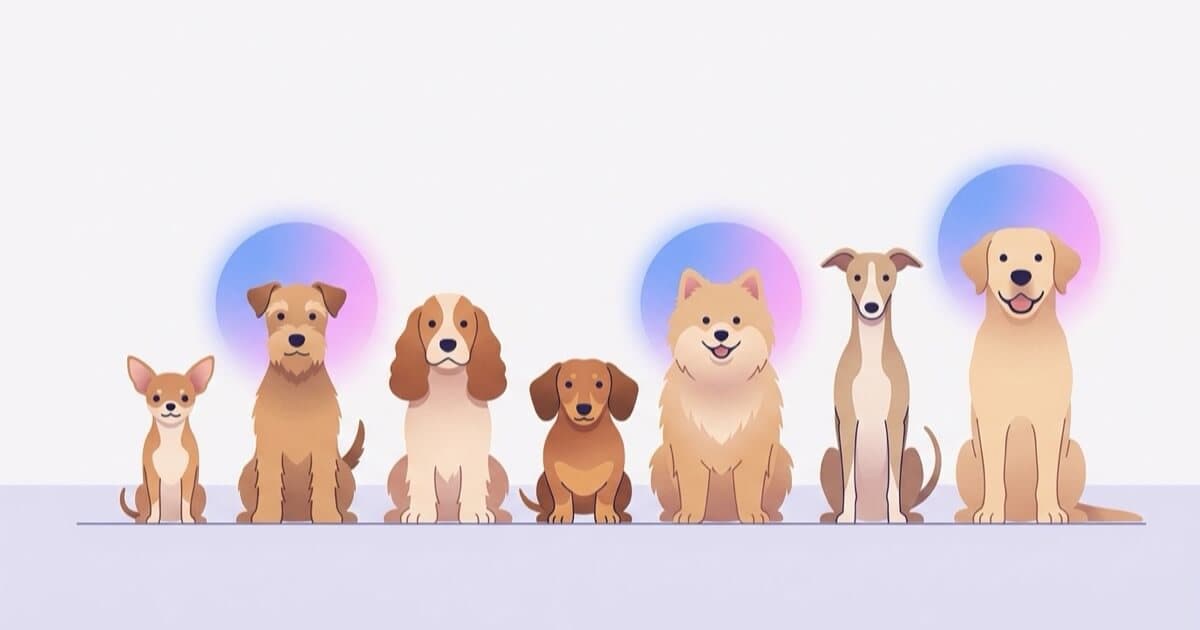Seven dogs of different breeds sit in a row, a few highlighted to show how common separation anxiety is