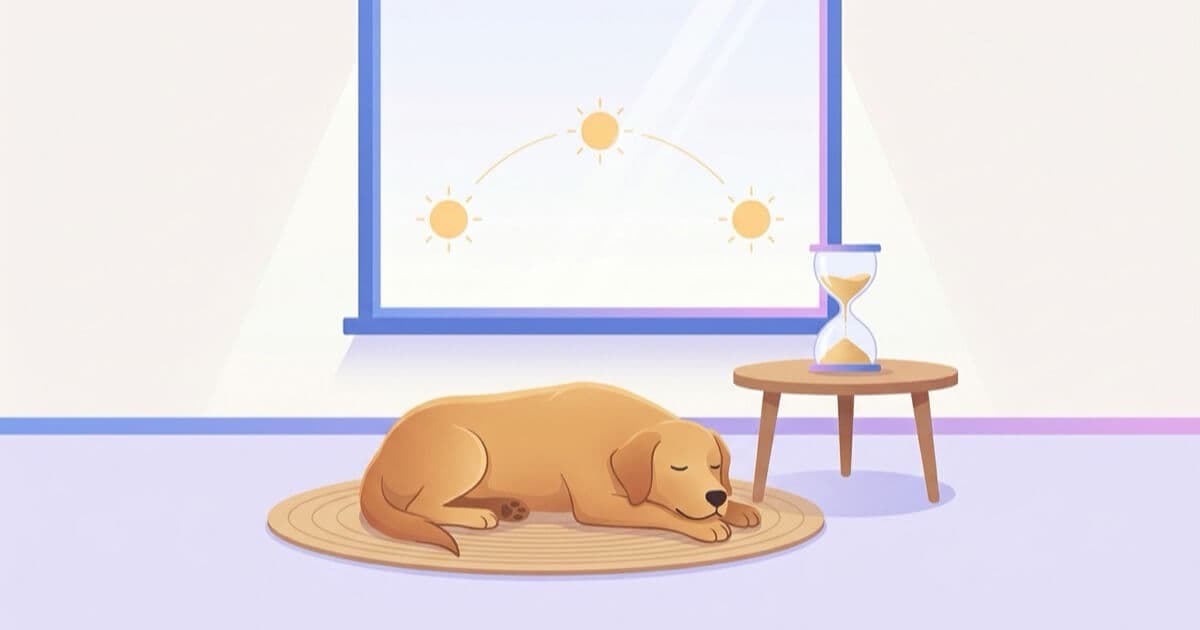 A dog rests beside an hourglass as the sun arcs across the window, showing training takes time