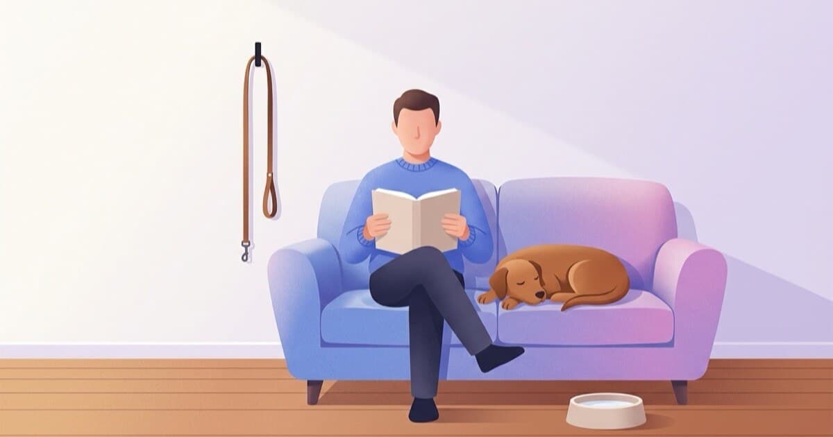 A pet sitter reads on the sofa while a dog naps beside them, so the dog is never left alone