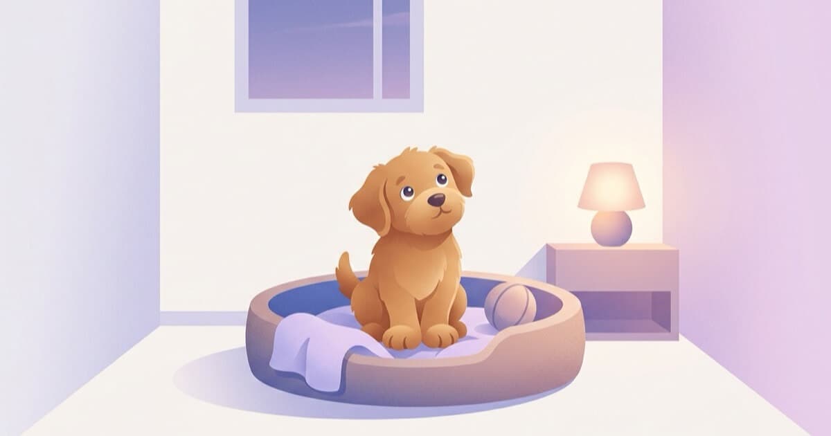 A fluffy puppy sits in its cushioned bed at bedtime beside a small night lamp