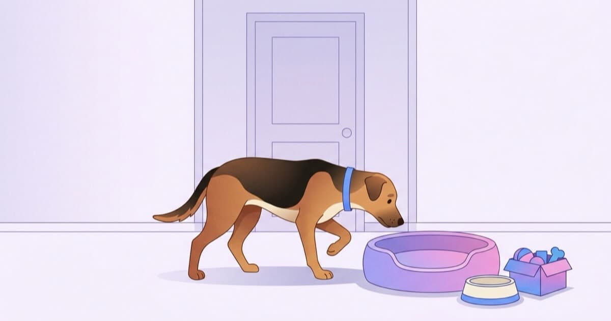 A rescue dog with a new collar cautiously sniffs its new bed in its new home