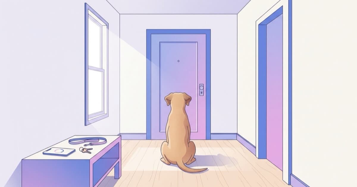 A calm dog sits facing the front door while a phone timer runs a separation anxiety training session