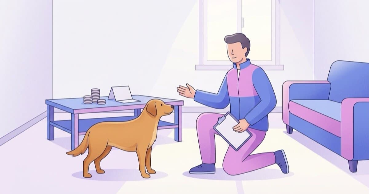A dog trainer kneels beside a dog during a home consultation, with coins on the coffee table