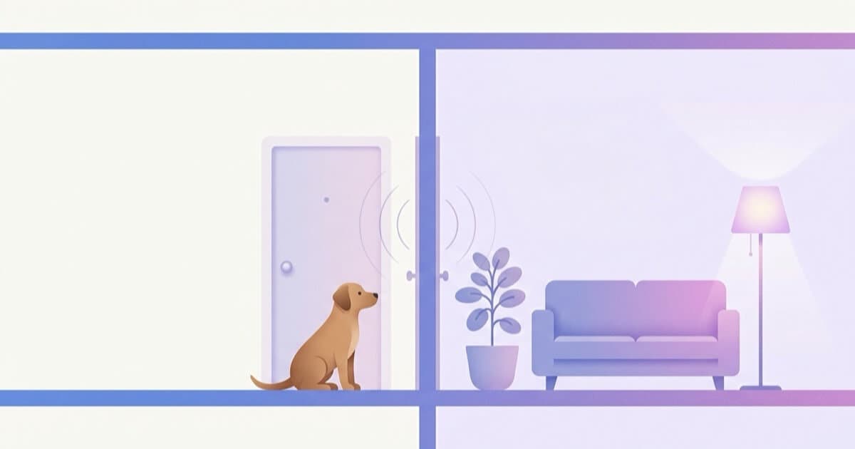 A dog waits by an apartment door while sound travels through the shared wall to a neighbor