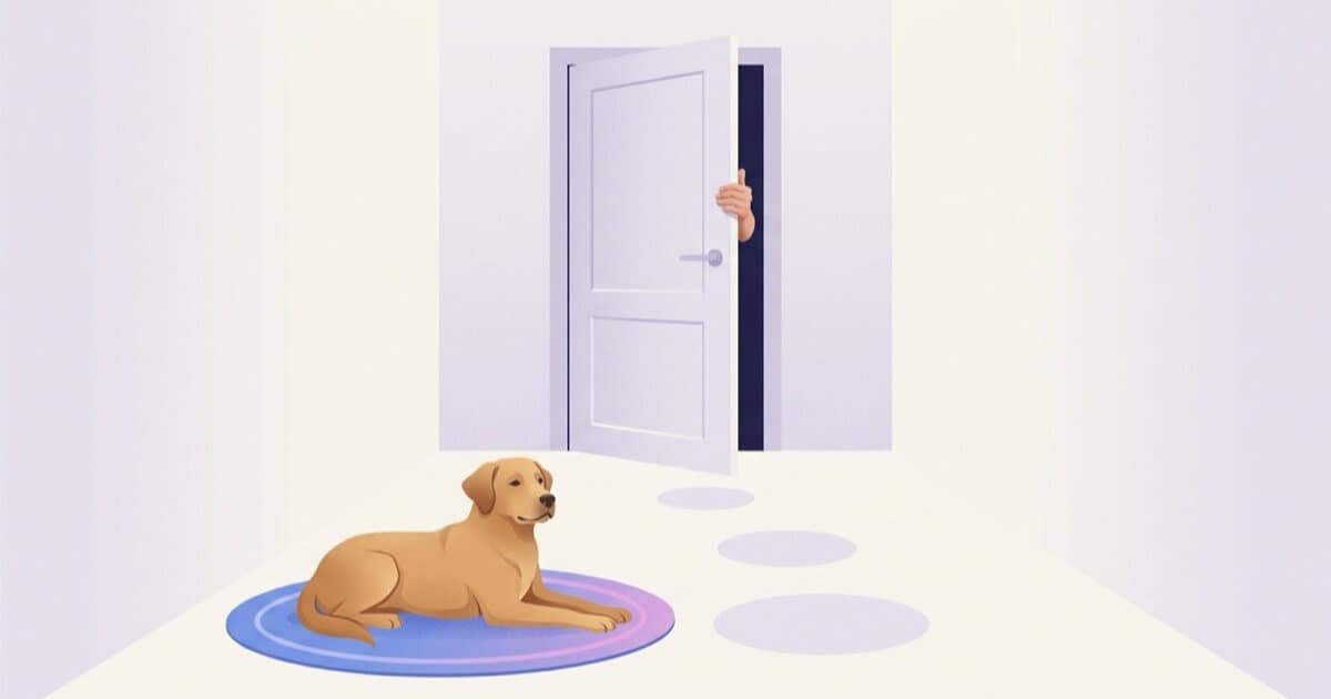 A dog lies relaxed on its mat as a hand steps out the door during a practice departure
