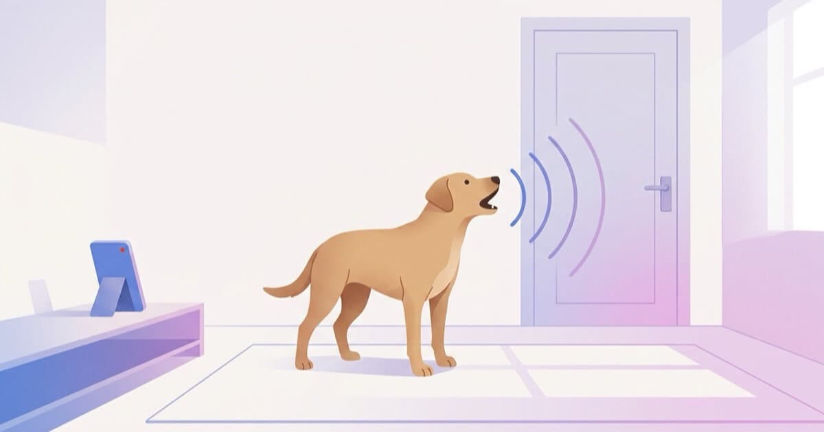 A dog barks at the front door while a phone on a shelf records the reaction